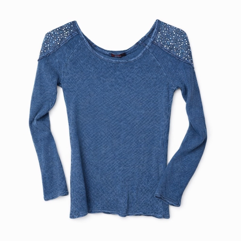 T Party Waffle Knit Shirt - Women’s Medium - Gray - Embellished Shoulders